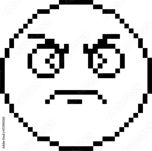 Pixelated angry face emoji with furrowed brows, black and white digital emoticon expressing frustration and displeasure