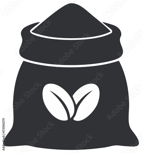 Coffee bean bag logo, illustration of full bag filled with powder and coffee bean logo
