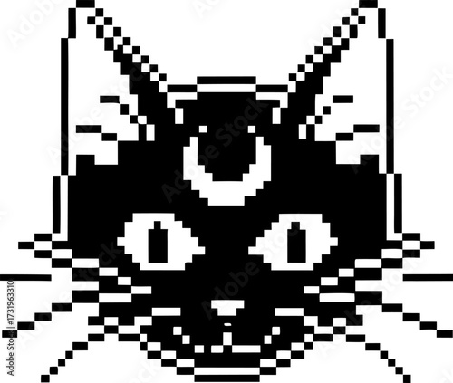 Pixel art black cat head with white markings, open mouth, wide eyes, retro digital isolated on white background