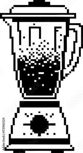 Pixel art blender filled with liquid retro black and white appliance illustration, vintage kitchen equipment, mixing food concept