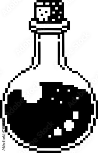 Retro pixel art potion bottle with cork stopper monochrome black and white glass container icon for game applications