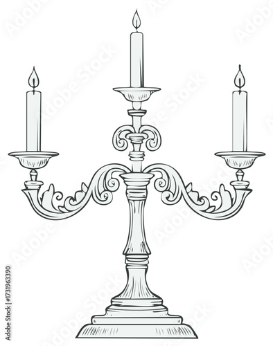 Hand drawn candelabra with lit candles, vintage style illustration