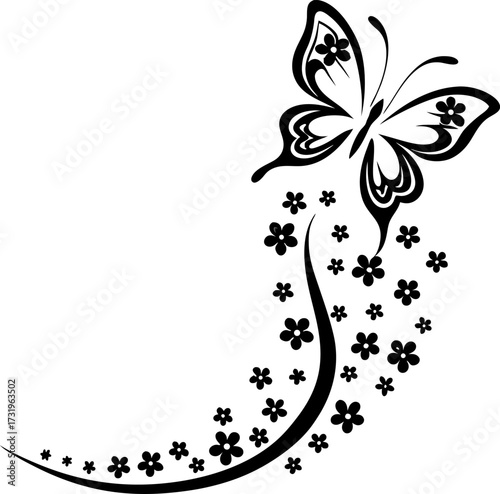 Elegant butterfly with floral swirl design black silhouette insect with delicate flowers creating a graceful natural pattern