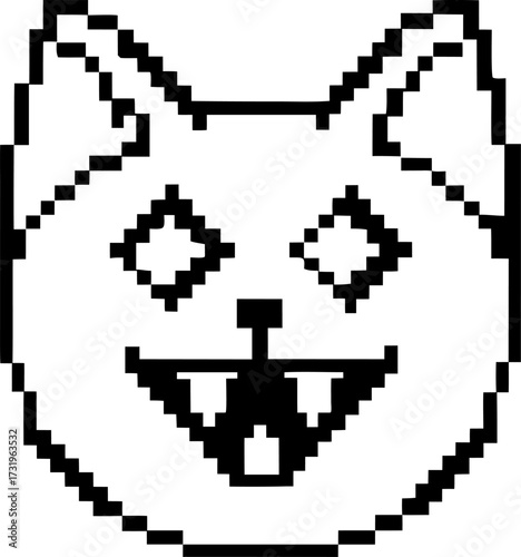 Pixel art cat face with geometric shapes, open mouth and fangs retro digital animal icon, minimal black and white illustration