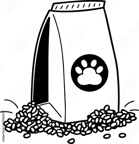 Pet food bag with paw print emblem, dry kibble spilling out animal nutrition, black and white illustration, healthy pet diet