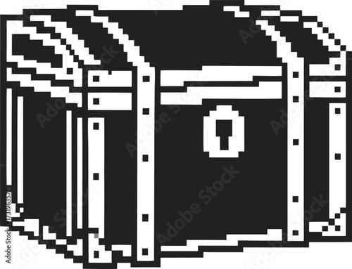 Pixel art locked treasure chest icon retro 8 bit vintage game element, black and white digital graphic illustration