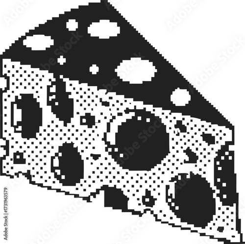 Slice of swiss cheese in vintage pixel art monochrome illustration with distinctive holes, retro digital design