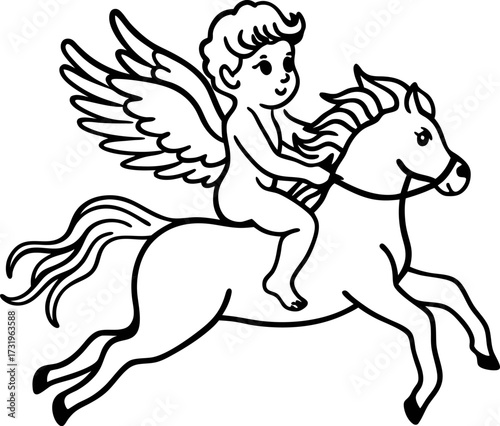 Child with wings riding flying horse mythology inspired outline, fantasy creature illustration, innocence and adventure concept