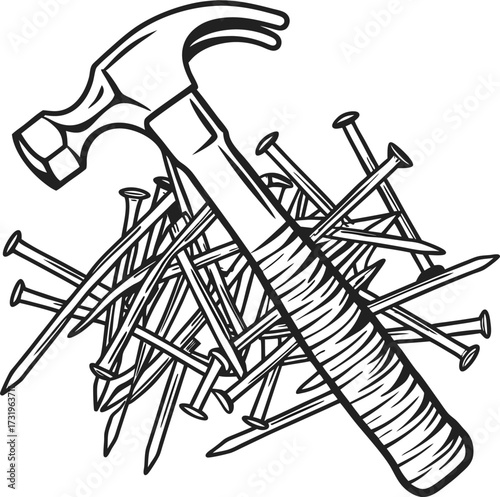 Hammer with textured handle lying atop scattered nails, isolated black and white hand drawn construction tool illustration