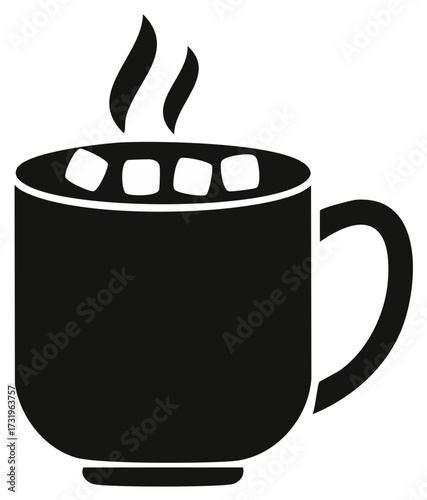 Stylized Hot Drink Mug Silhouette with Marshmallows, Steaming Beverage in a Black Cup