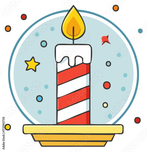 Striped celebration candle with burning flame cartoon vector illustration
