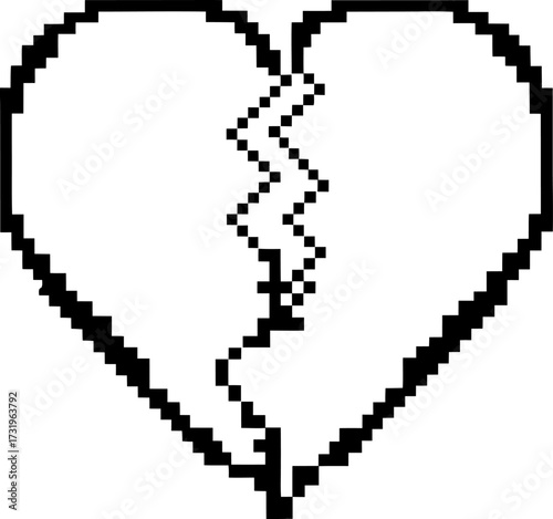Pixelated broken heart icon black and white retro 8 bit digital art symbolizing heartbreak, sadness, lost love, and emotional pain