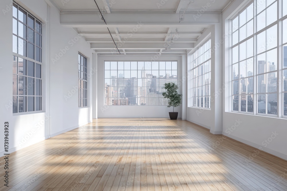 Fototapeta premium Empty, sunlit loft with large windows offering a cityscape view. Wooden floor and potted plant