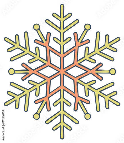 Colorful hand drawn snowflake illustration with orange and yellow symmetrical crystal design