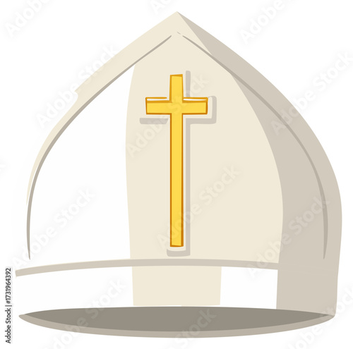 Cartoon illustration of a white mitre, a bishop's hat with a golden cross on it. Vector illustration.