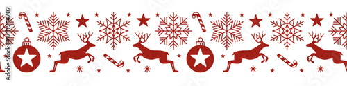 Vector red decorative christmas horizontal seamless pattern with deer, snowflakes, stars and ornaments