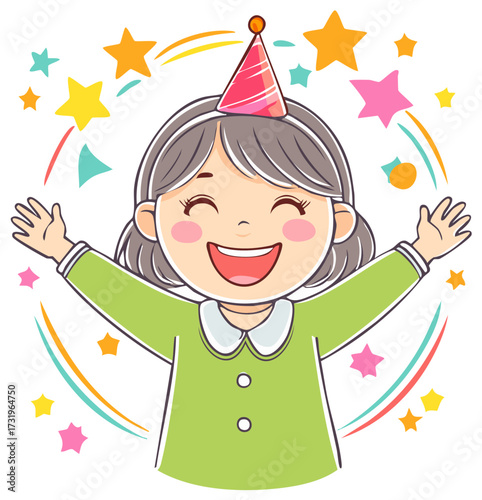 Cartoon Girl Celebrating Birthday with Party Hat and Confetti Illustration Isolated