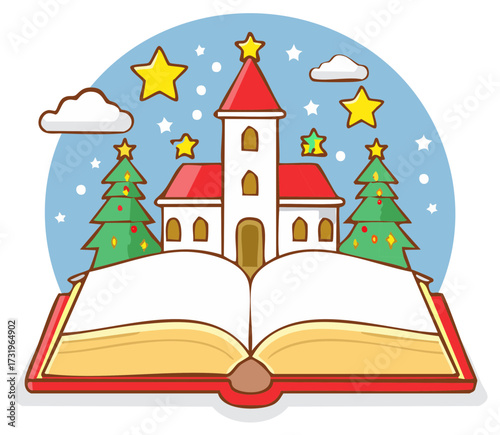 Magical pop up book with a winter Christmas scene featuring a chapel and decorated trees