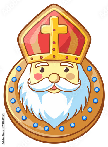 Cartoon saint illustration with ornate gold frame, mitre hat, and cross symbol