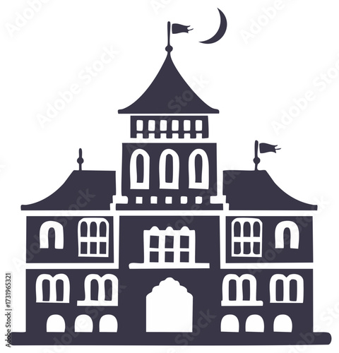 Stylized haunted castle silhouette with flags and crescent moon in the night sky