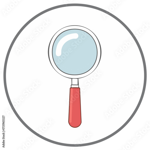 Cartoon Magnifying Glass with Red Handle in Grey Circle, Isolated on White