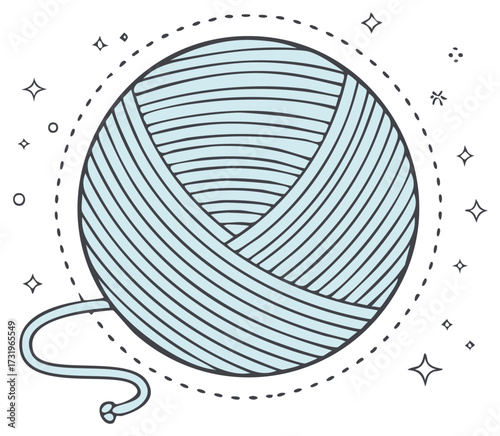 Light blue yarn ball with playful stars and dots illustration