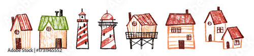 Kids house doodle set, hand drawn childish naive building icon kindergarten scribble landscape print. Cute cartoon facade architecture, colorful wax crayon village illustration, lighthouse. Kids house