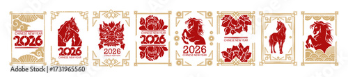 Chinese 2026 New Year horse poster, hand drawn traditional lunar holiday postcard animal shape print. Asian greeting lucky wealth decoration, zodiac symbol Japanese frame. Chinese horse festive banner