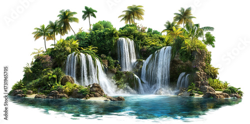 Tropical island with palm trees and cascading waterfalls, isolated on transparent cutout background