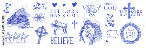 Watercolor Christmas illustration set, hand drawn nativity Christ religion doodle decor print, cross. Holiday greeting postcard, Holy Bible symbol and quote celebration wreath. Christmas nativity sign