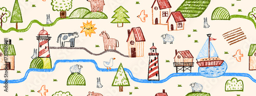 Kids landscape seamless pattern, hand drawn naive childish map background wax crayon doodle print. Kindergarten cute cartoon village countryside road repeat background. Kids landscape wallpaper design