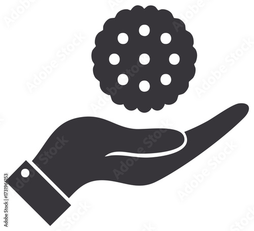 Stylized hand holding a cookie symbol, concept of offering, baking or treat in black silhouette