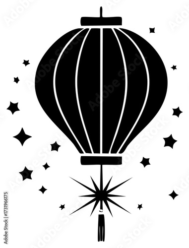 Elegant Asian Lantern with Star Tassel Silhouette Design and Glittering Stars Illustration Vector