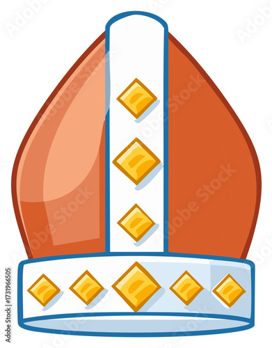 Cartoon illustration of an orange and white bishop mitre hat with jewels