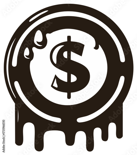Melting dollar coin with dollar sign dripping liquid symbolizing financial loss or devaluation