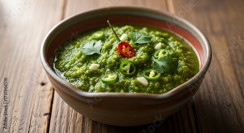 Green Curry Dish with Rice and Vegetables.