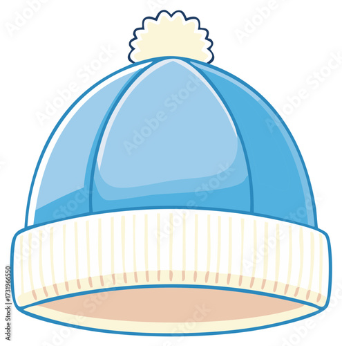 Light blue winter hat with a fluffy pompom and ribbed brim