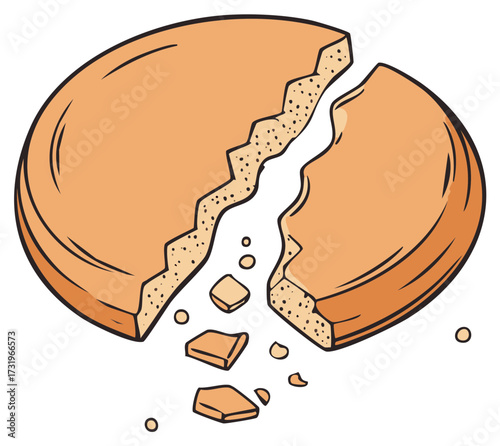 Cracked Biscuit Cartoon Illustration of a Broken Cookie or Crumbled Wafer