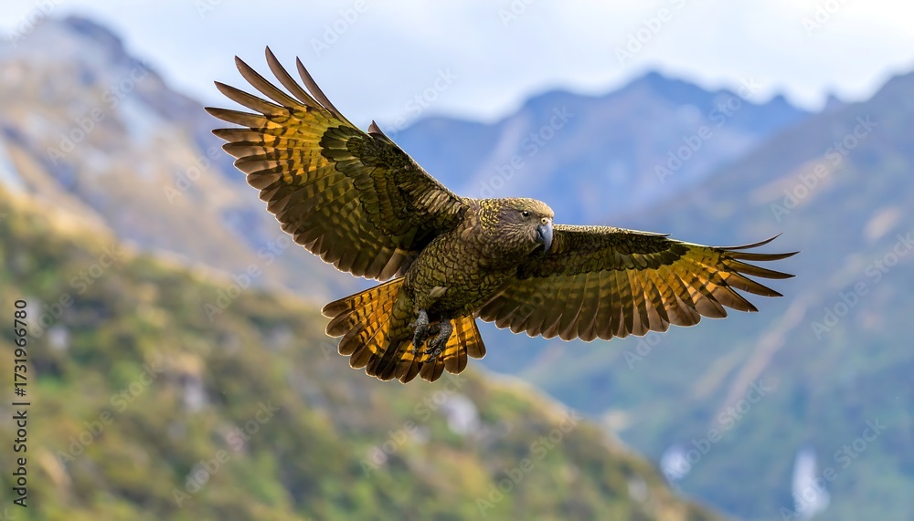 Fototapeta premium Majestic Kiwi in flight, mountainous backdrop
