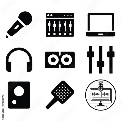 Set of music production icons microphone mixer laptop headphones speakers and more 