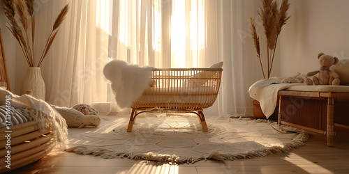 Warm nursery bathed in soft sunlight, featuring a cozy rattan bassinet and gentle decor.