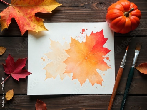 Autumnal Watercolor Maple Leaves and Pumpkin Still Life