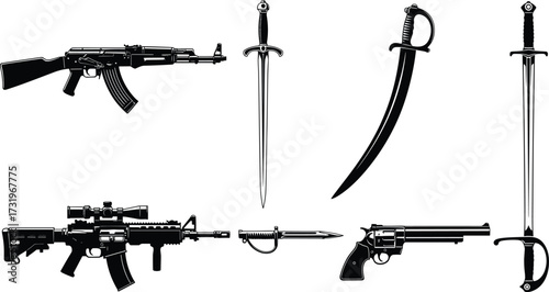 Silhouettes of modern and historical weapons including rifles, sabers, bayonets, and pistols in black isolated vector set