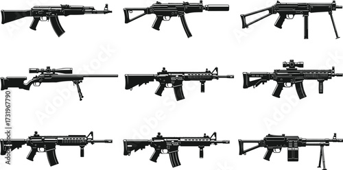 Silhouettes of nine different assault rifles in grid layout showcasing various designs, scopes, stocks, barrels, and magazines