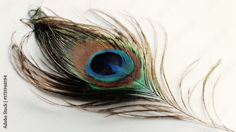 Obraz premium Single peacock feather natural beauty, exotic bird plumage decoration, colorful iridescent nature art 