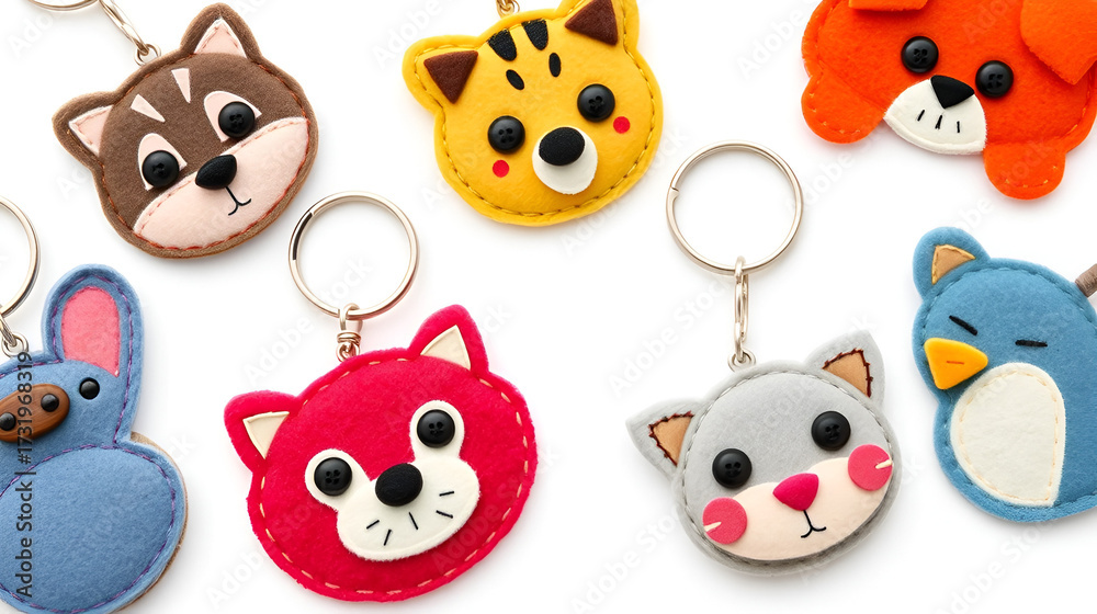 Obraz premium Flat vector felt animal keychains with stitching and button eyes, DIY style, isolated on white