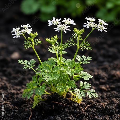 Close Up of Fresh Cilantro Plant Growing in Soil.