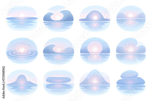 Abstract minimalist ocean scenes with soft pastel colors and reflections