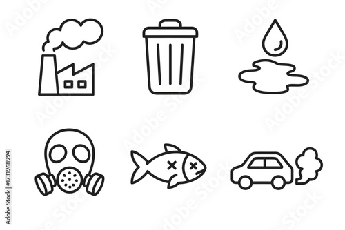 Environmental pollution icons: factory, trash, oil spill, gas mask, dead fish, car emissions