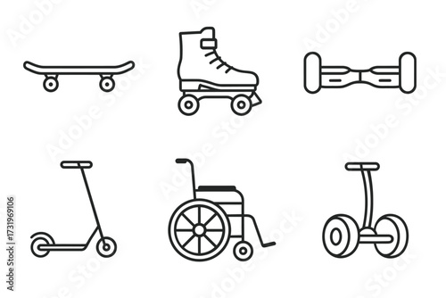 Set of six iconic wheeled transport: skateboard, roller skate, hoverboard, scooter, wheelchair, segway